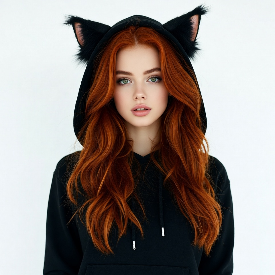 Redhead woman in black cat hoodie Redhead woman in black cat hoodie