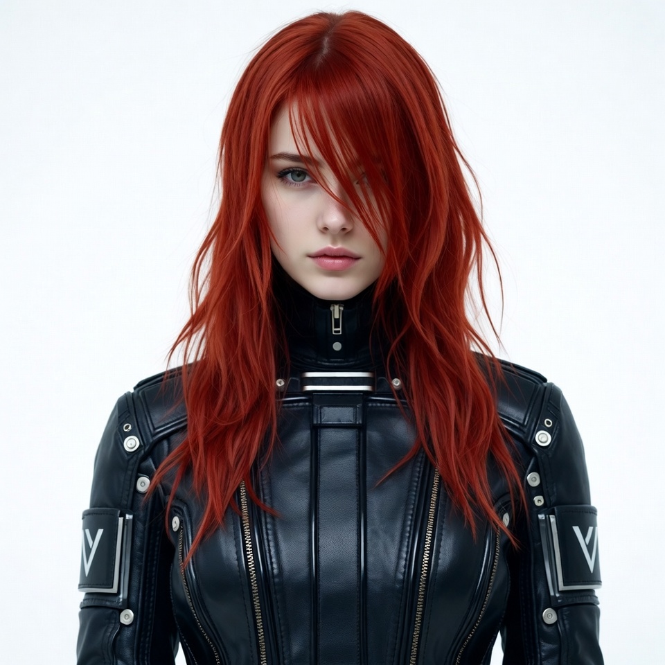 Woman with long red hair in leather jacket Woman with long red hair in leather jacket