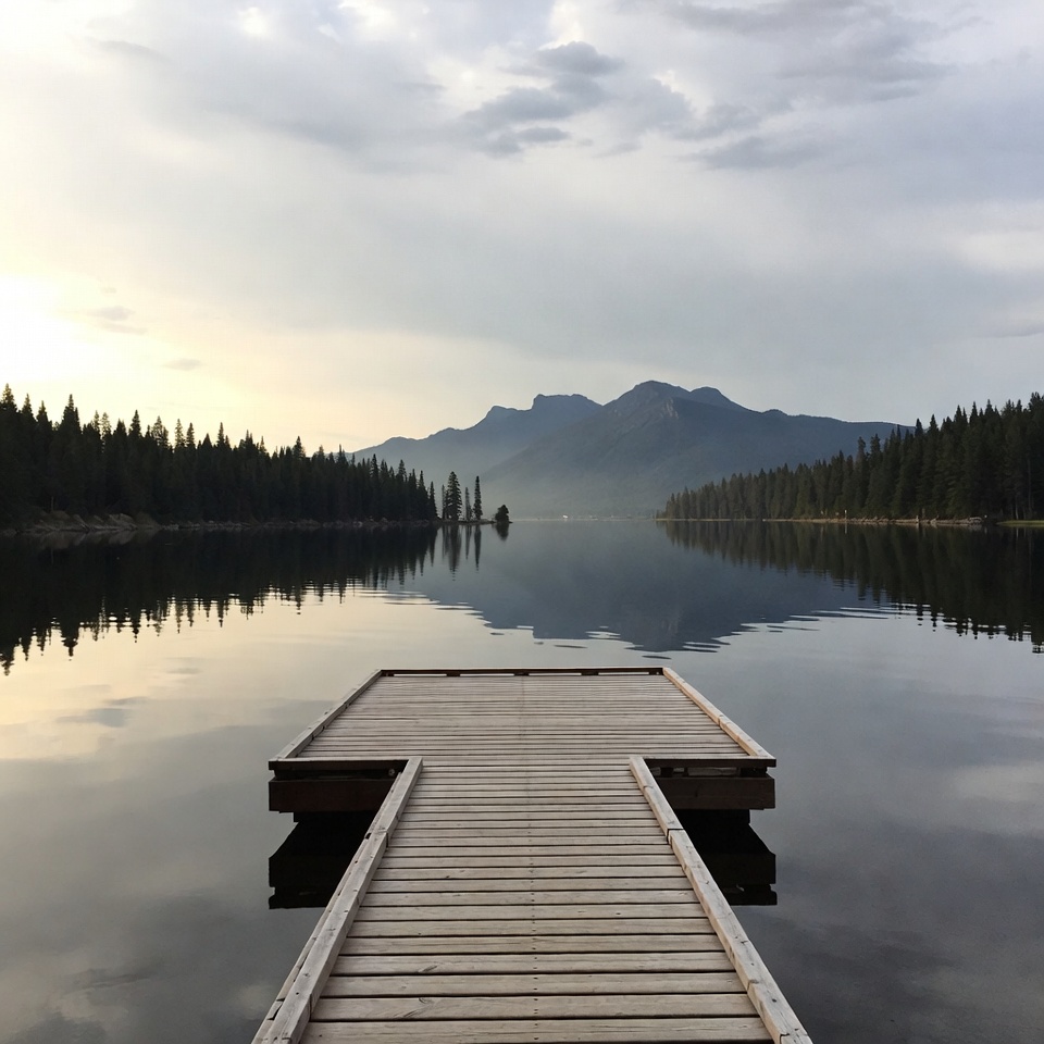 Wooden Dock on Calm Mountain Lake Wooden Dock on Calm Mountain Lake