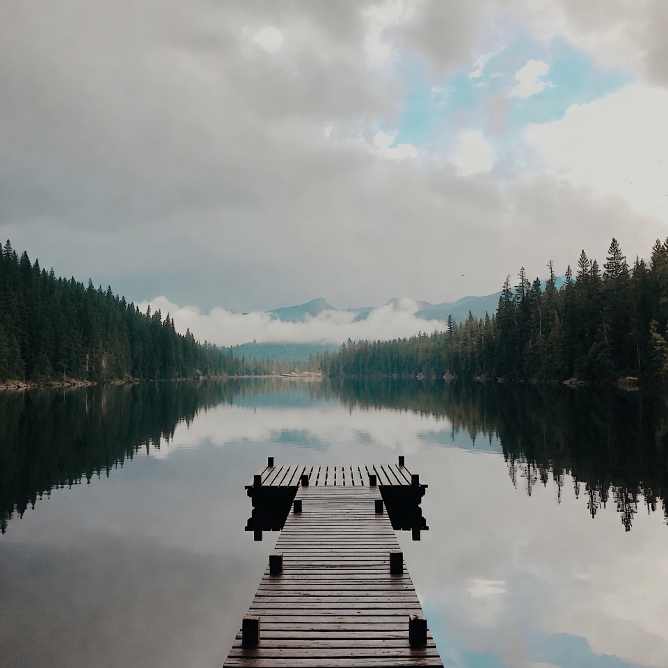 Wooden Pier Over Calm Mountain Lake Wooden Pier Over Calm Mountain Lake