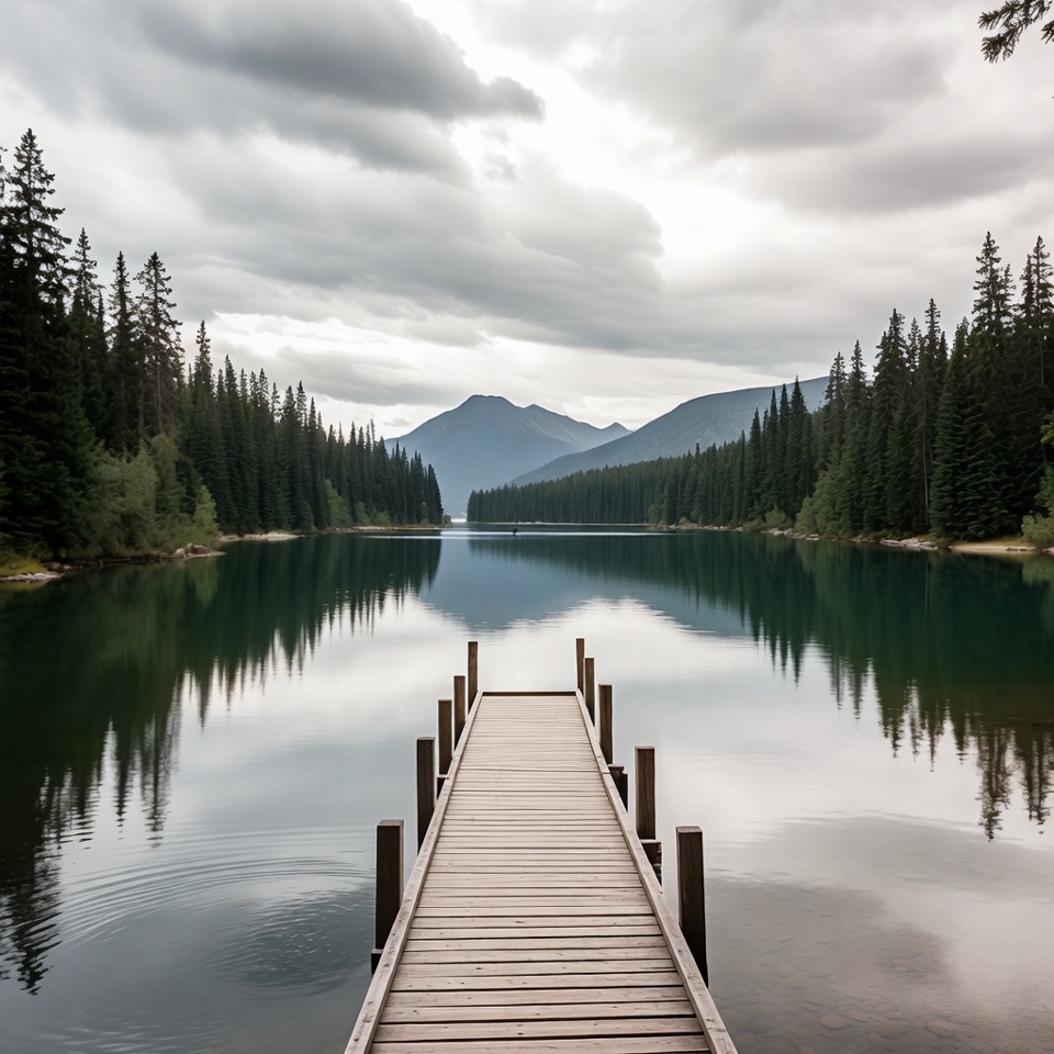 Wooden Pier Over Calm Mountain Lake Wooden Pier Over Calm Mountain Lake