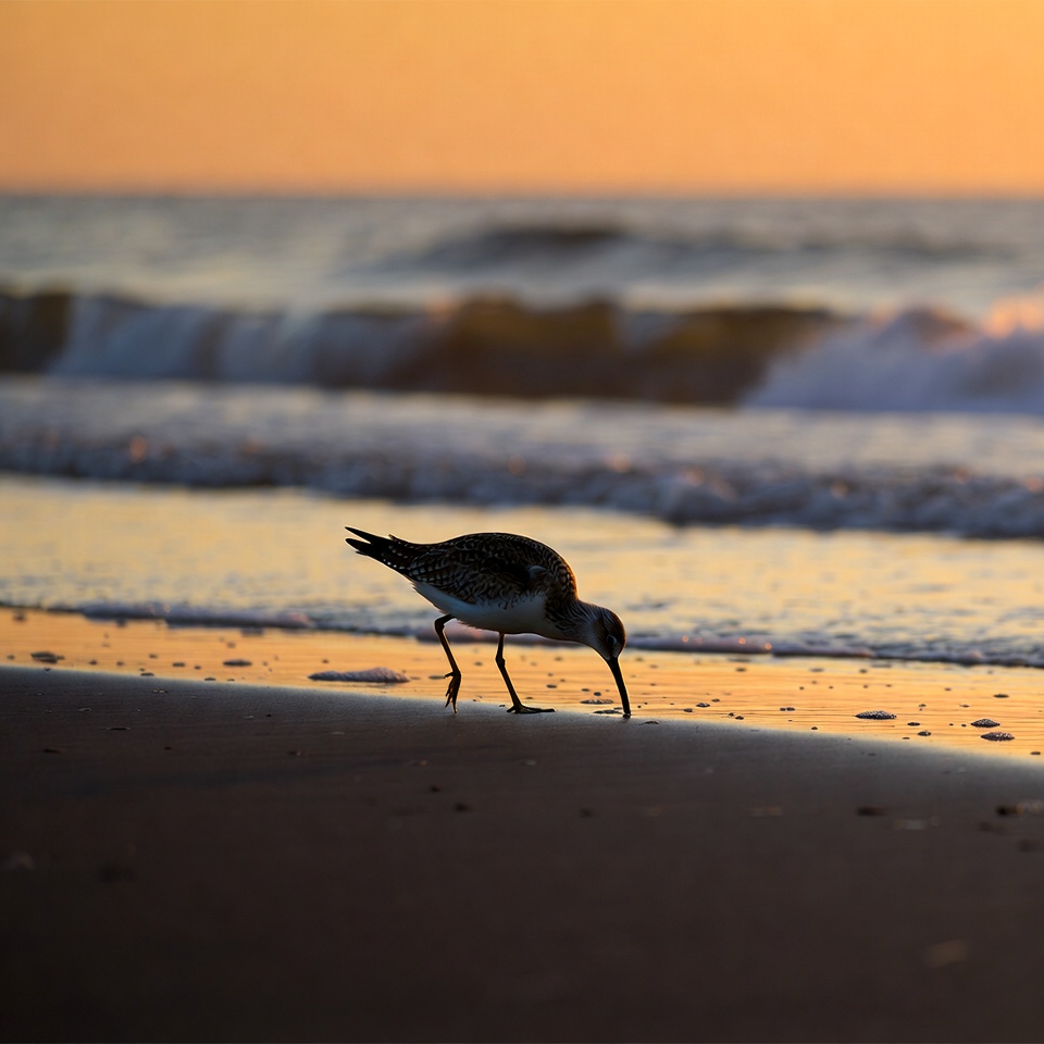 Sanderling foraging on beach at sunset Sanderling foraging on beach at sunset