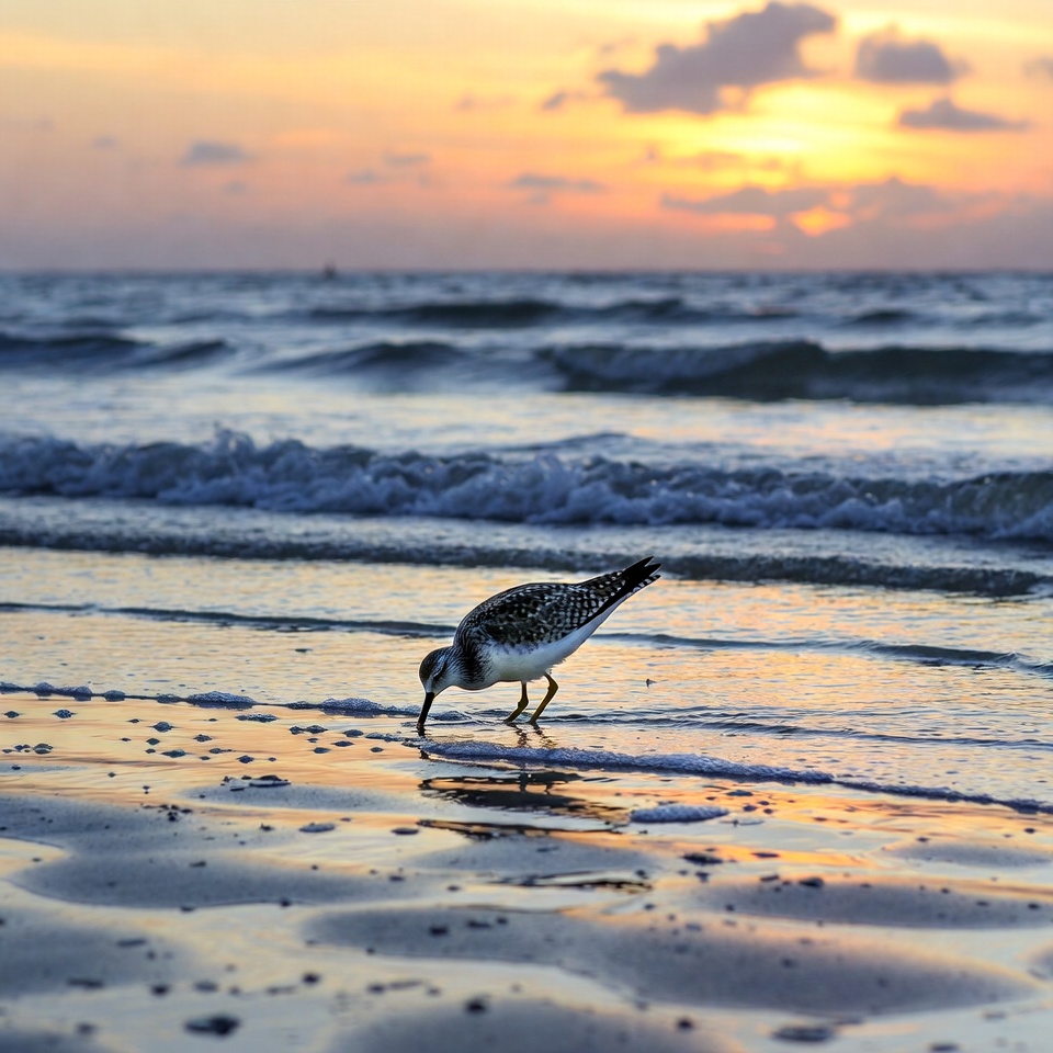 Sanderling foraging on beach at sunset Sanderling foraging on beach at sunset