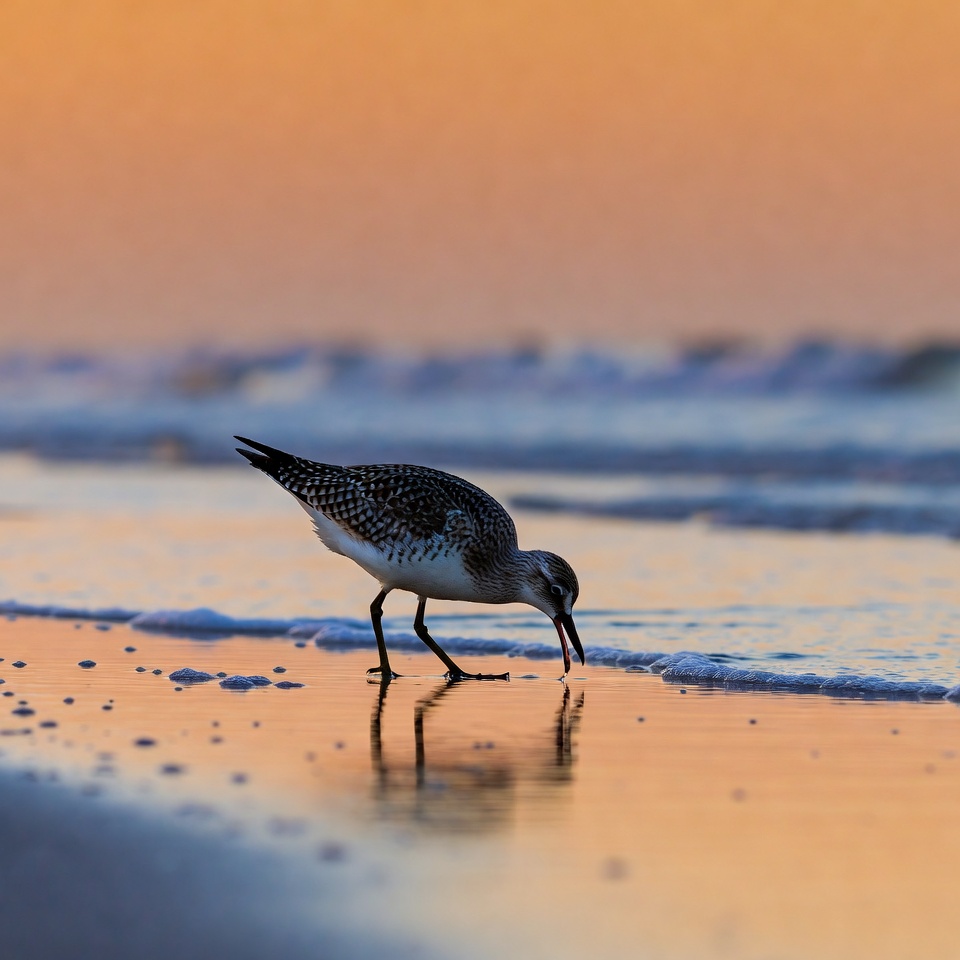 Sanderling foraging on beach at sunset Sanderling foraging on beach at sunset
