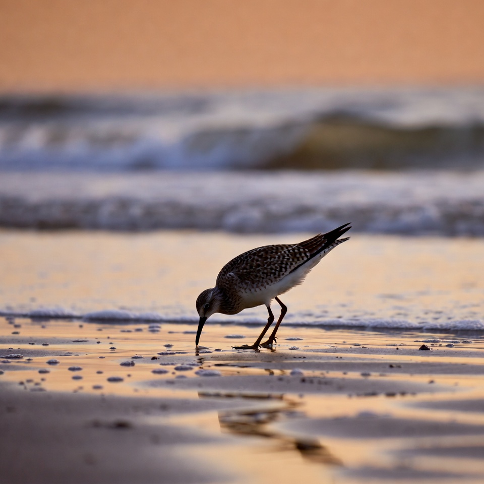 Sanderling foraging on beach at sunset Sanderling foraging on beach at sunset