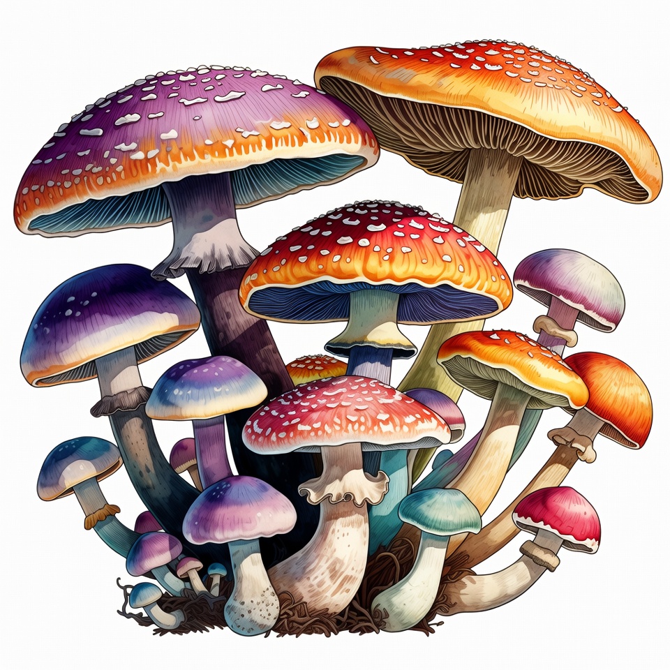 Colorful Mushrooms Illustration Cluster Colorful Mushrooms Illustration Cluster