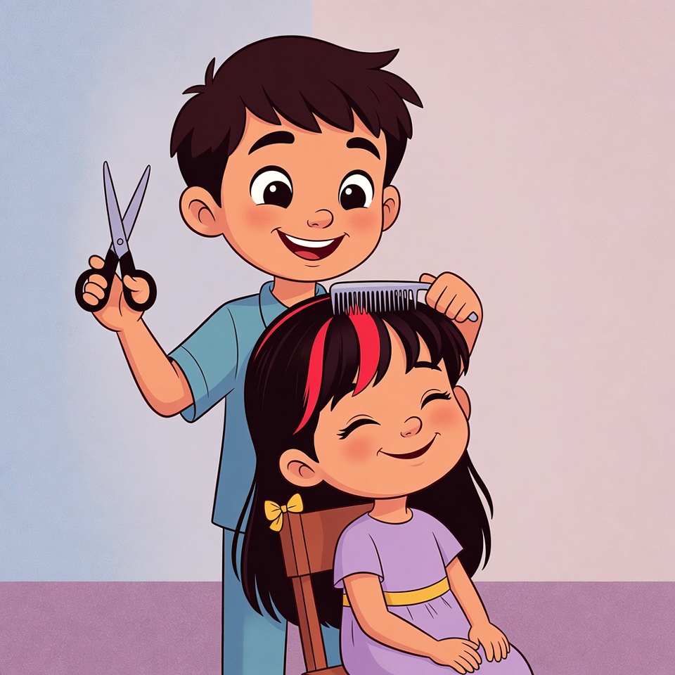 Boy cutting girl's hair illustration Boy cutting girl's hair illustration