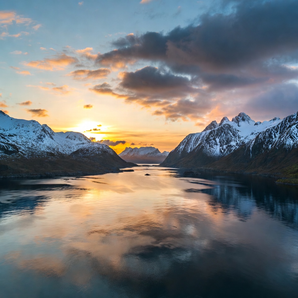 Sunset over snowy mountains and fjord Sunset over snowy mountains and fjord