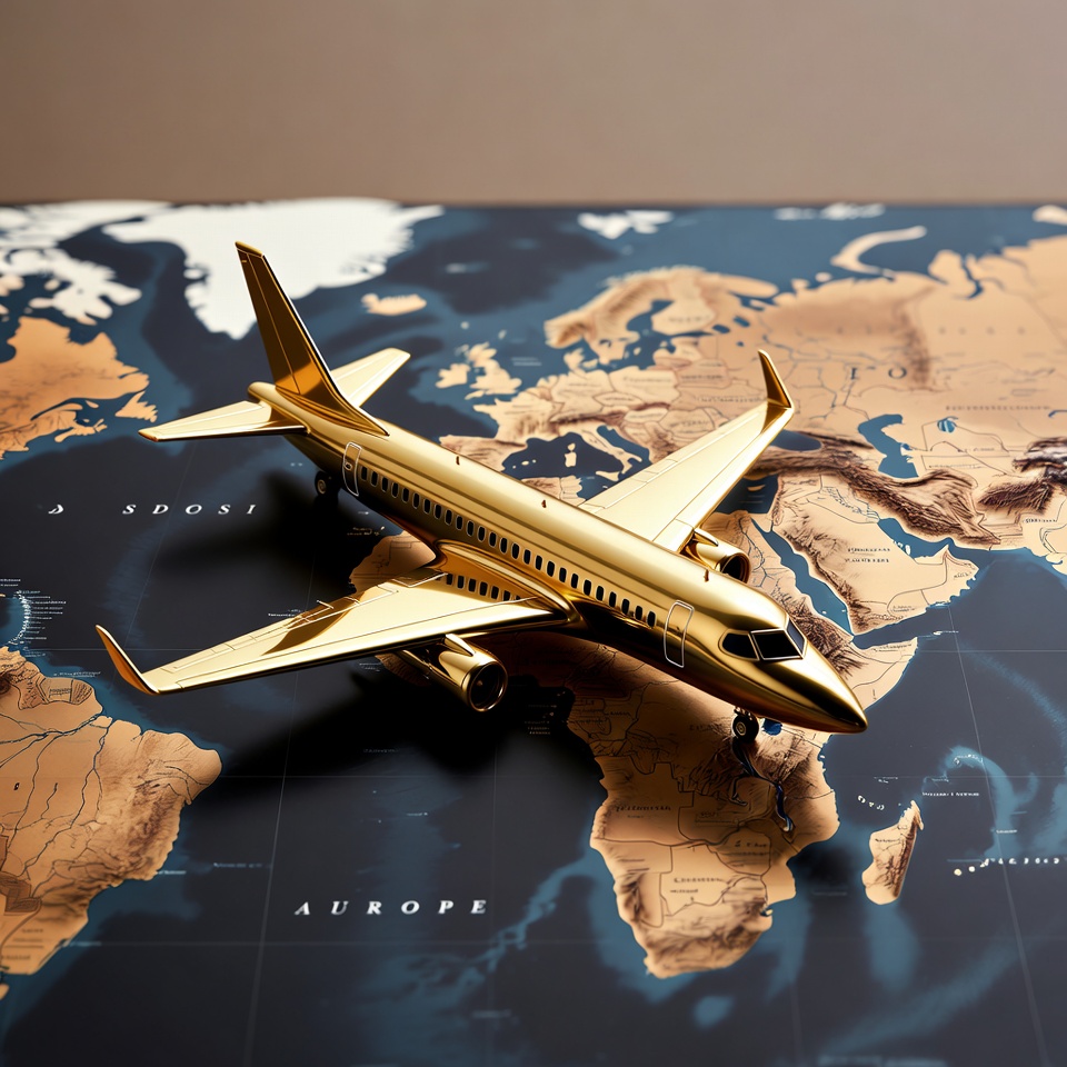 Golden Airplane Model on World Map Golden Airplane Model on World Map
