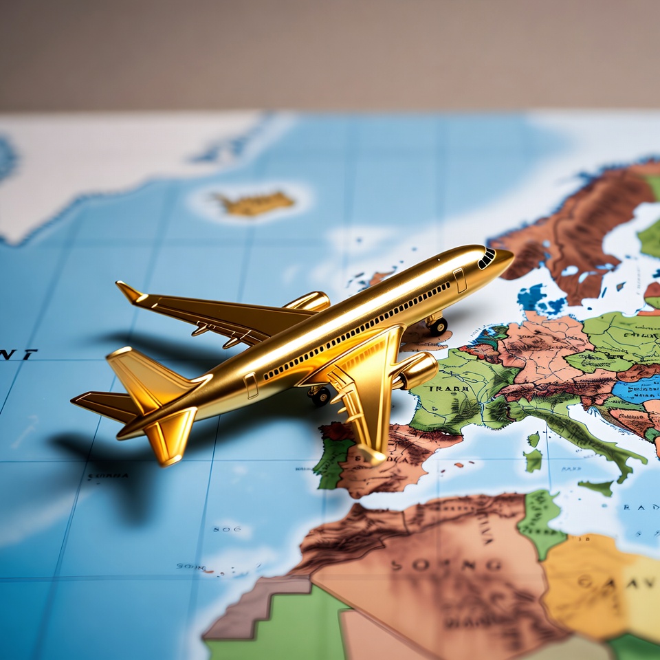 Golden airplane on world map Golden airplane on world map