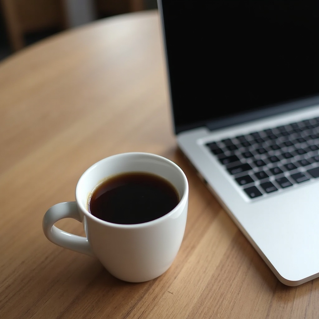 Coffee cup beside laptop Coffee cup beside laptop