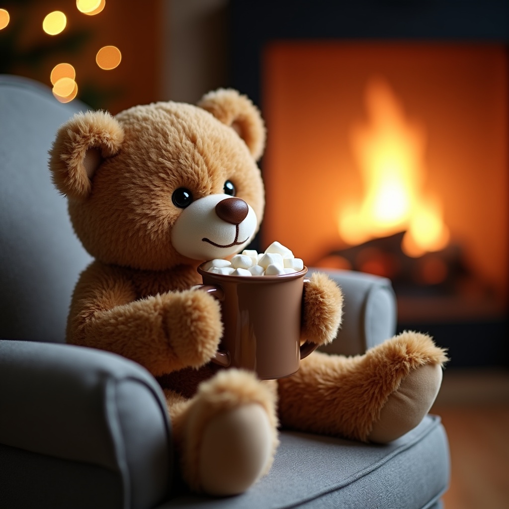 Teddy bear drinking hot cocoa by fireplace Teddy bear drinking hot cocoa by fireplace