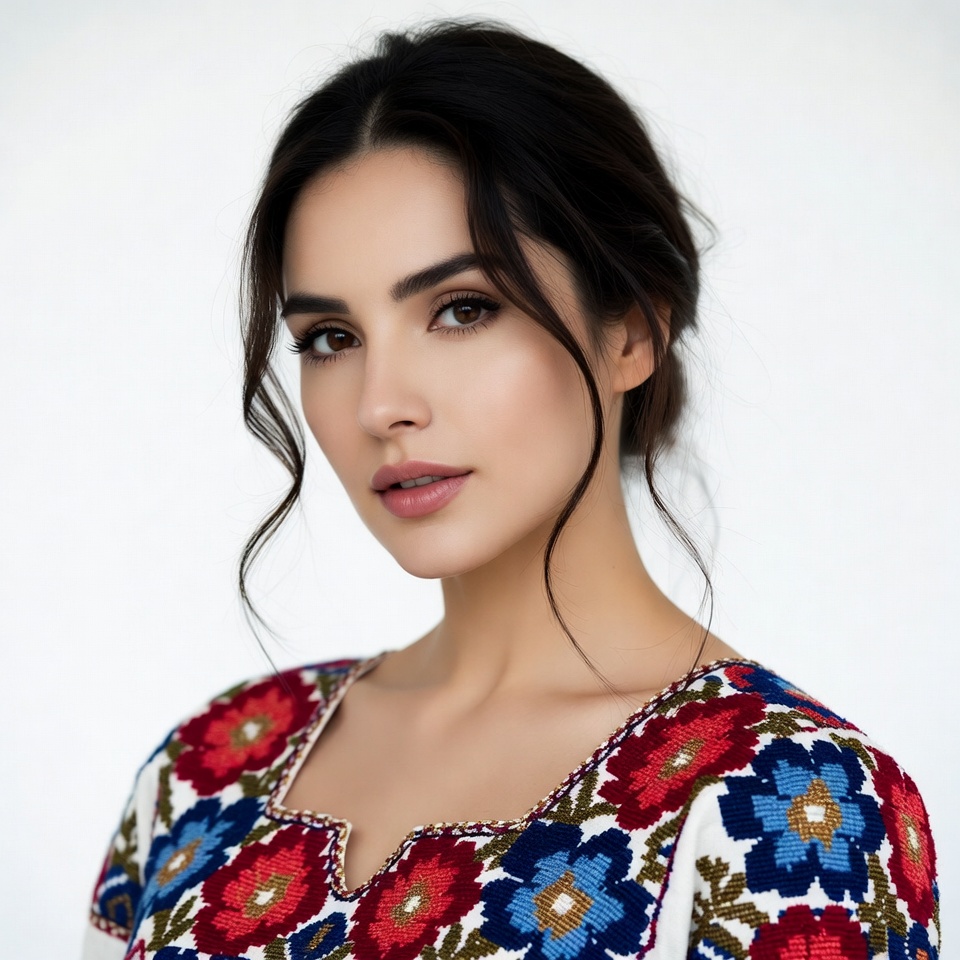 Woman in embroidered floral blouse Woman in embroidered floral blouse