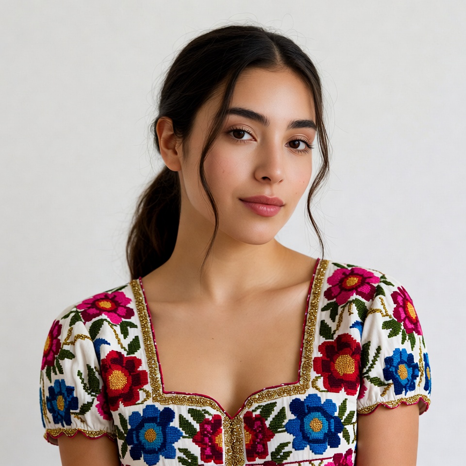 Woman in embroidered floral blouse Woman in embroidered floral blouse