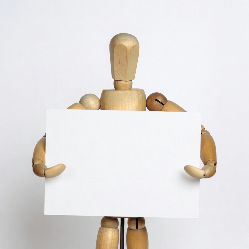 Wooden artist mannequin holding blank sign Wooden artist mannequin holding blank sign