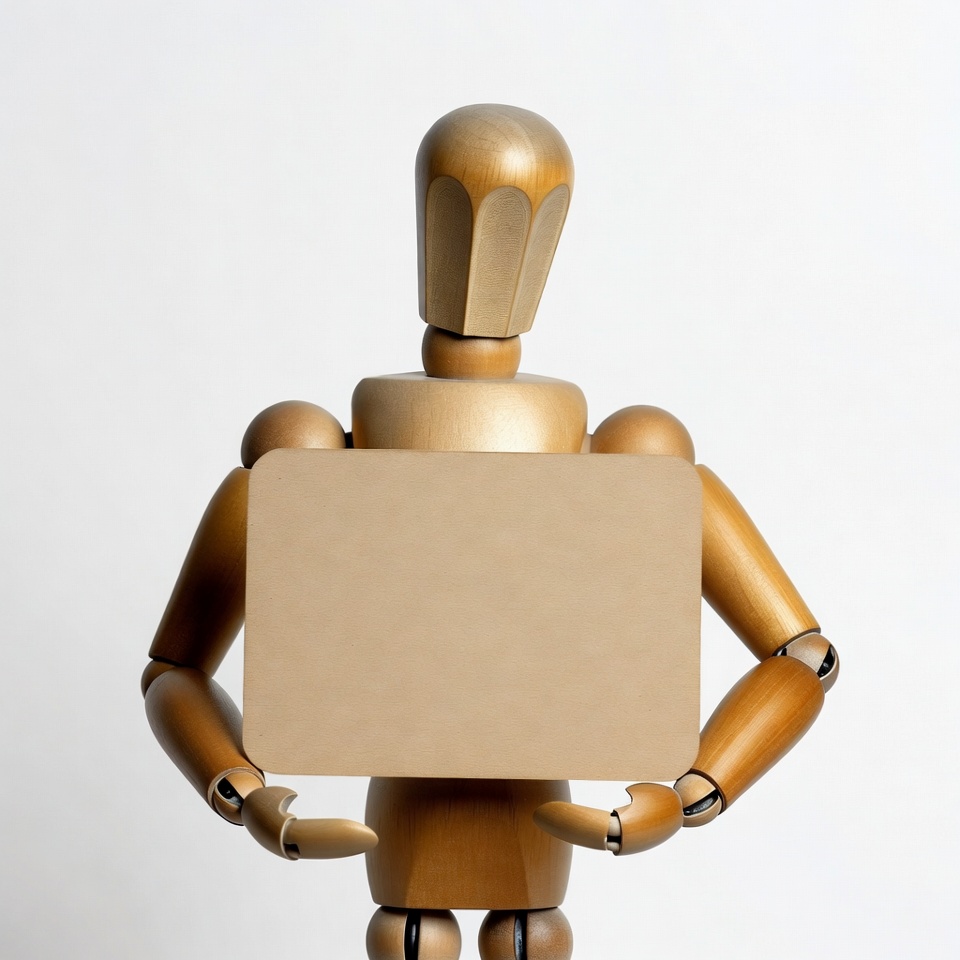 Wooden mannequin holding blank sign Wooden mannequin holding blank sign