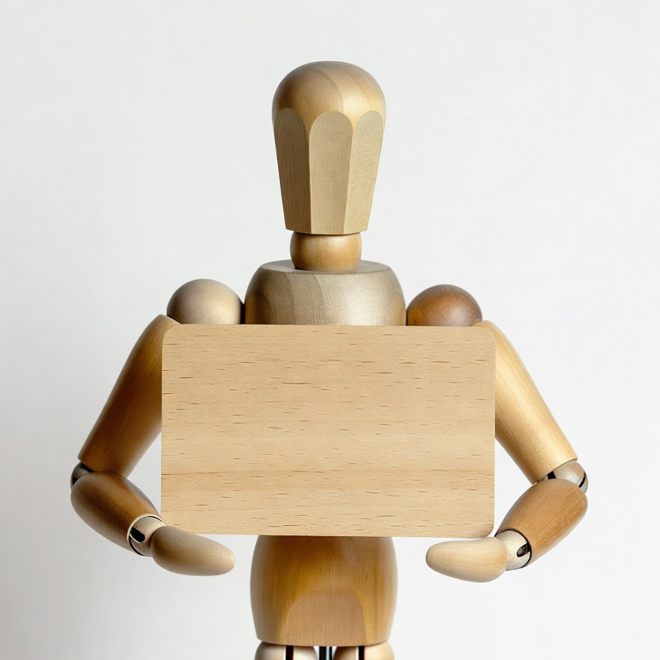 Wooden mannequin holding blank sign Wooden mannequin holding blank sign