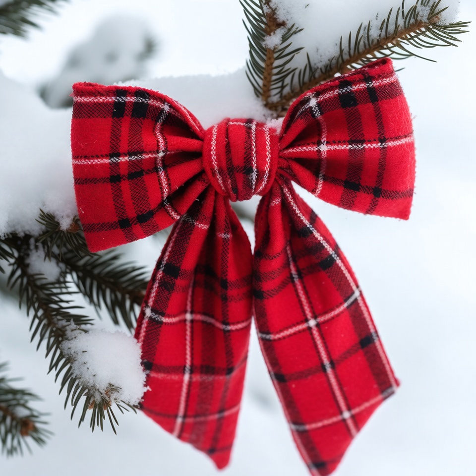 Red Plaid Bow on Snowy Pine Branch Red Plaid Bow on Snowy Pine Branch