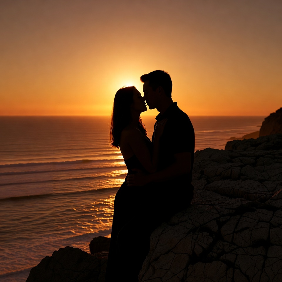 Couple kissing at sunset cliff Couple kissing at sunset cliff