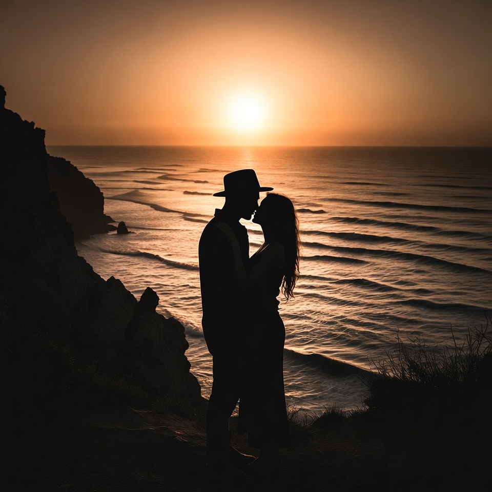 Silhouette couple kissing at sunset Silhouette couple kissing at sunset