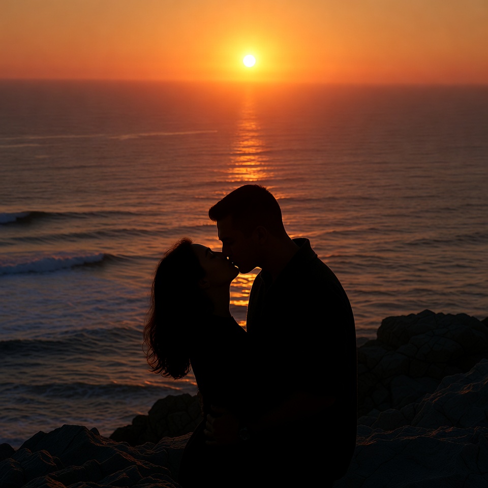 Couple kissing silhouette at sunset beach Couple kissing silhouette at sunset beach