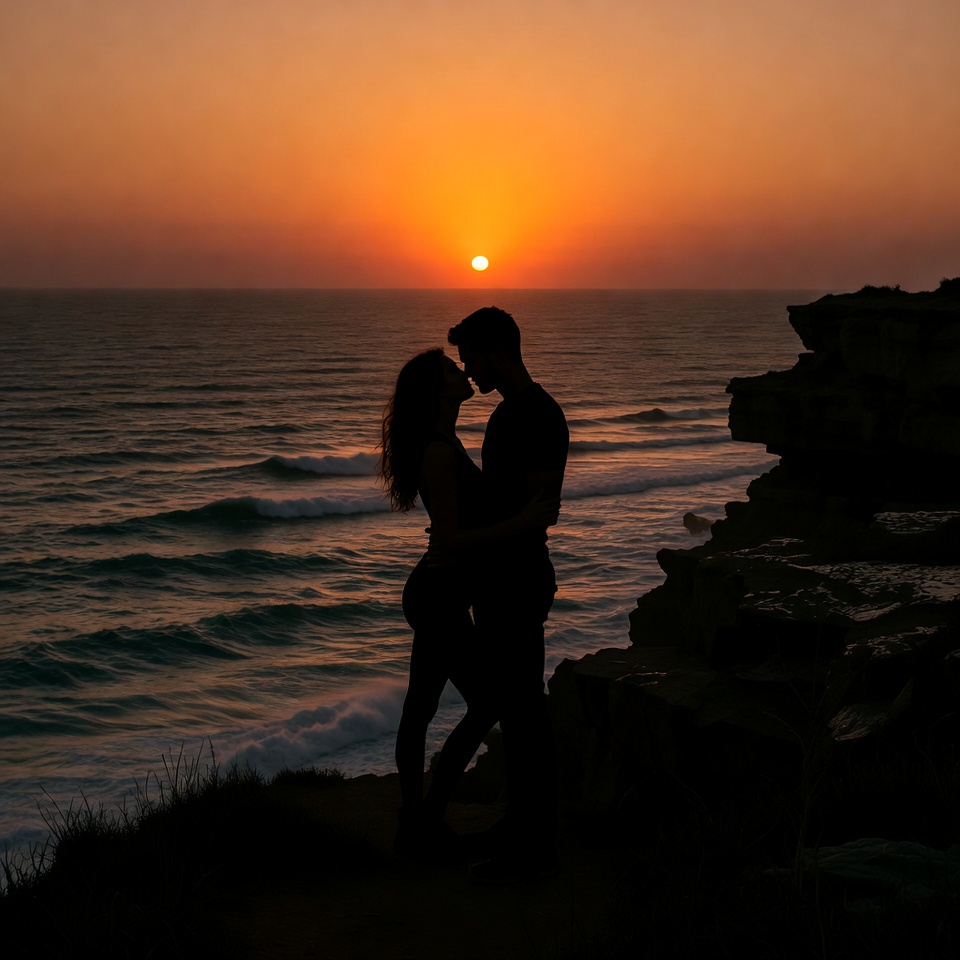 Silhouette couple kissing at sunset Silhouette couple kissing at sunset
