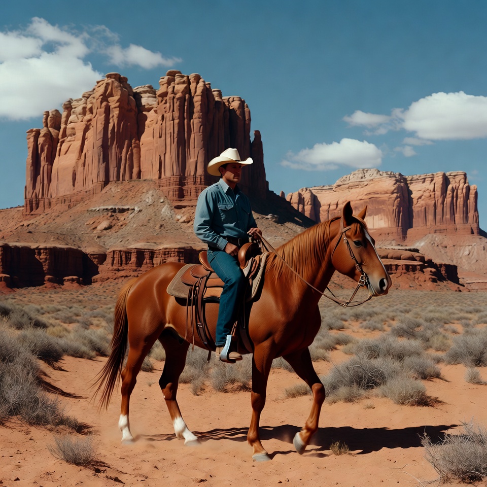 Cowboy riding horse near red rock formations Cowboy riding horse near red rock formations