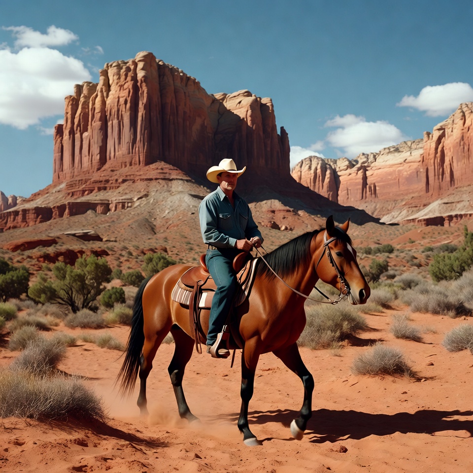 Cowboy riding horse in red rock desert Cowboy riding horse in red rock desert
