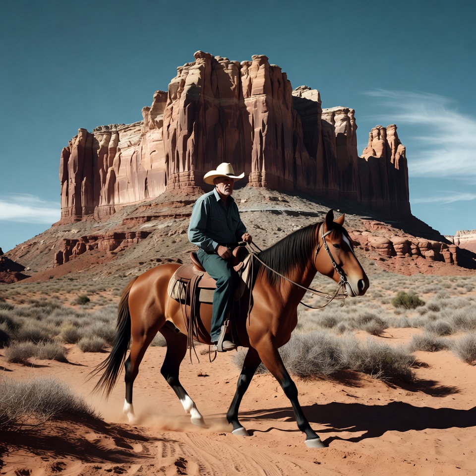 Cowboy riding horse near red rock formations Cowboy riding horse near red rock formations