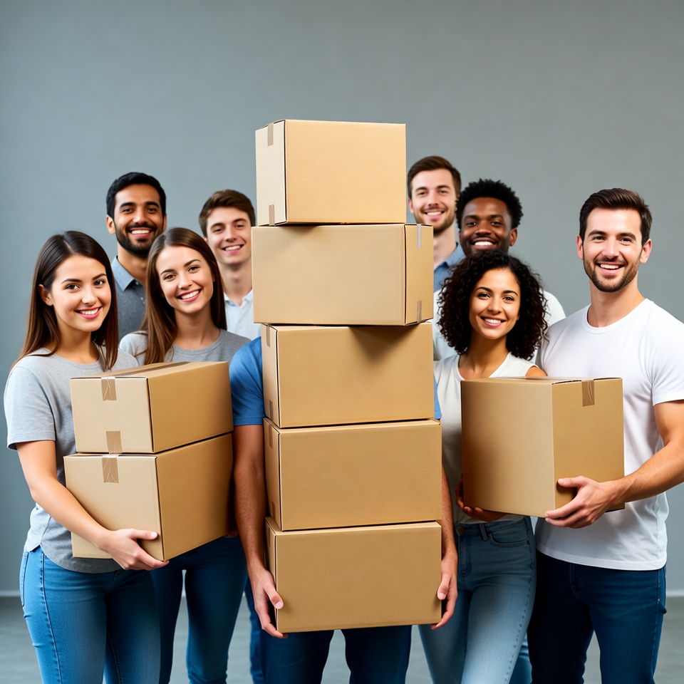 Diverse group holding cardboard boxes Diverse group holding cardboard boxes