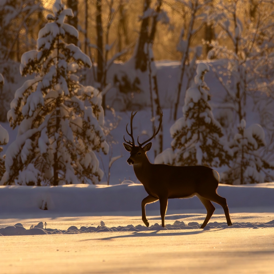 Buck walking in snowy forest Buck walking in snowy forest