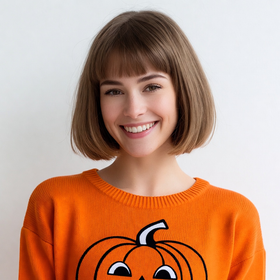 Woman smiling in jack-o-lantern sweater Woman smiling in jack-o-lantern sweater