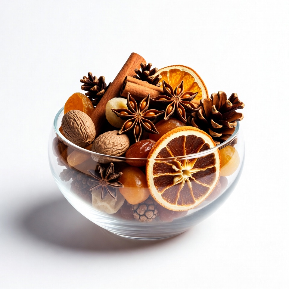 Glass bowl of cinnamon sticks and dried oranges Glass bowl of cinnamon sticks and dried oranges