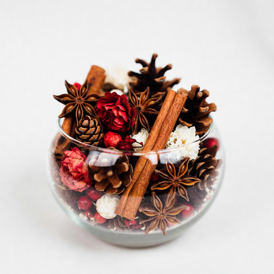 Cinnamon Sticks and Pine Cones in Glass Bowl Cinnamon Sticks and Pine Cones in Glass Bowl
