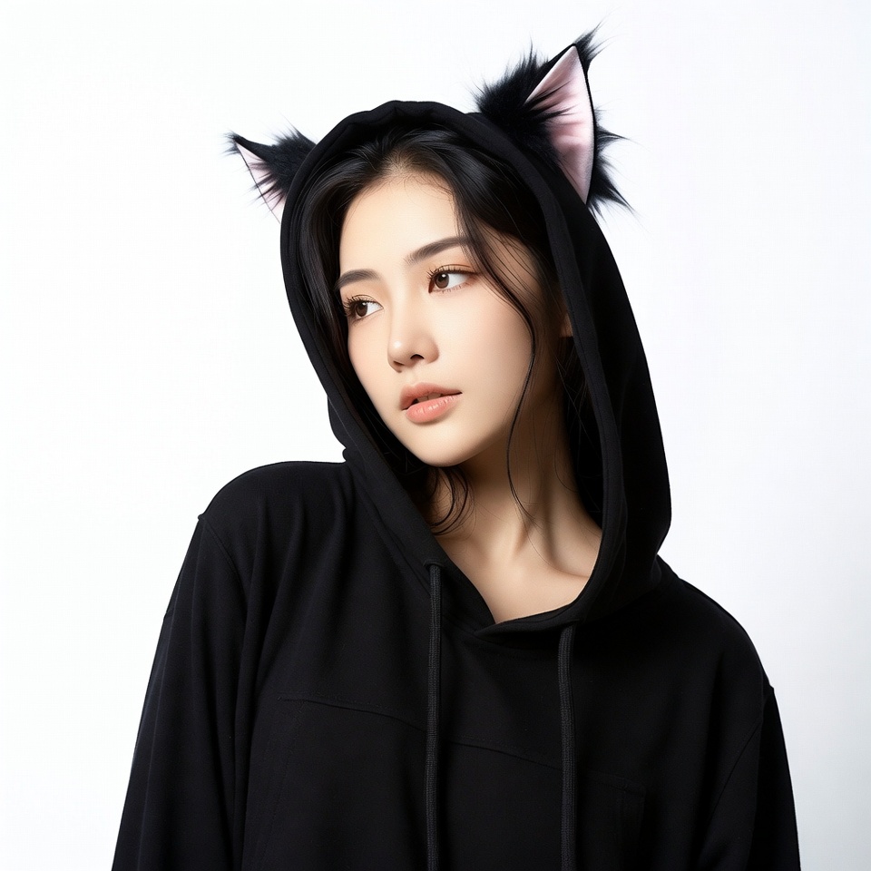 Asian woman in cat ear hoodie Asian woman in cat ear hoodie