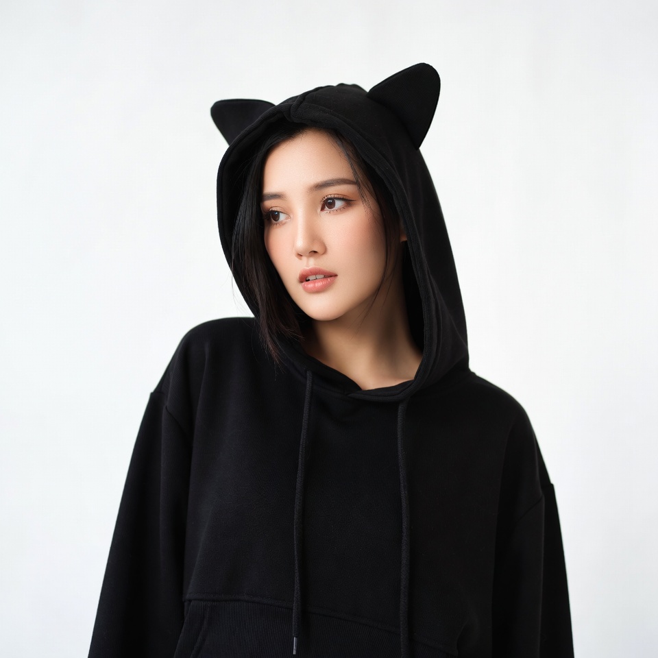 Asian woman in cat ear hoodie Asian woman in cat ear hoodie