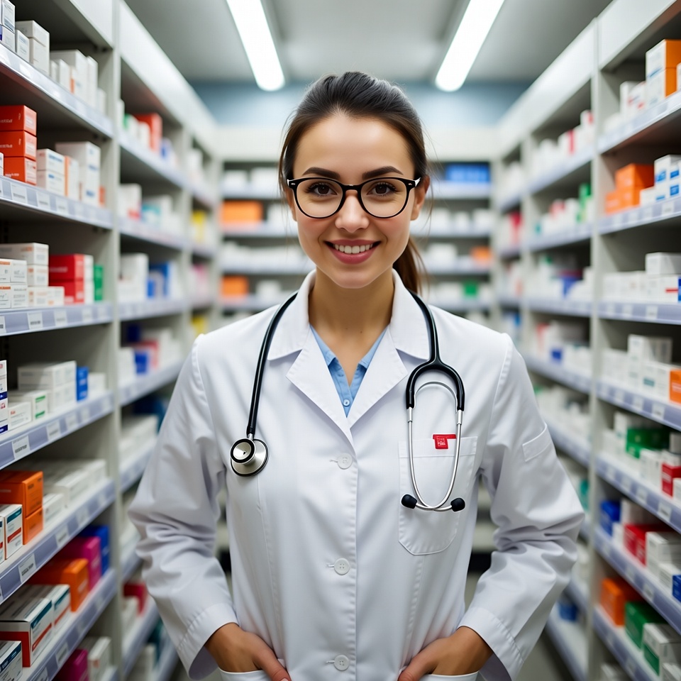 Smiling Asian female pharmacist in lab coat Smiling Asian female pharmacist in lab coat