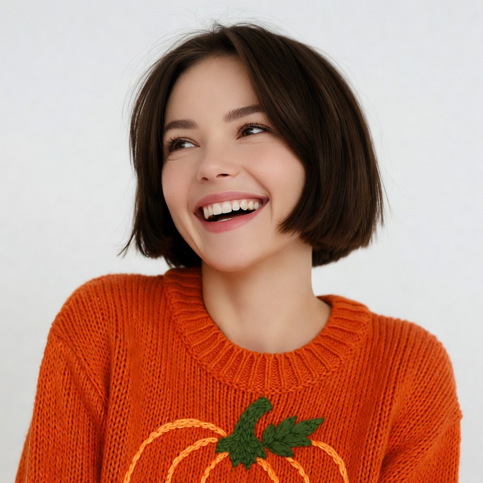 Smiling woman in pumpkin sweater Smiling woman in pumpkin sweater