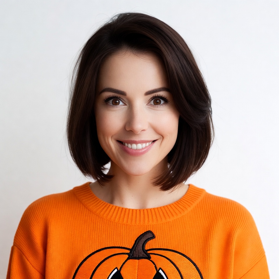 Smiling woman in pumpkin sweater Smiling woman in pumpkin sweater