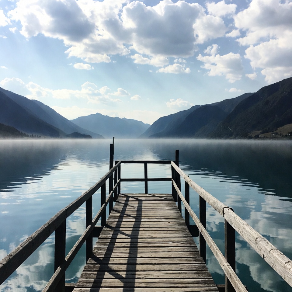 Wooden pier over misty mountain lake Wooden pier over misty mountain lake