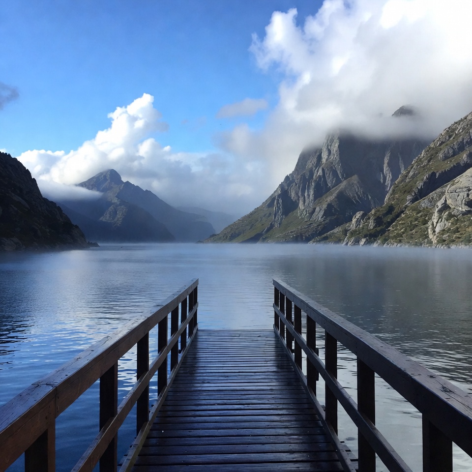 Wooden pier over misty mountain lake Wooden pier over misty mountain lake