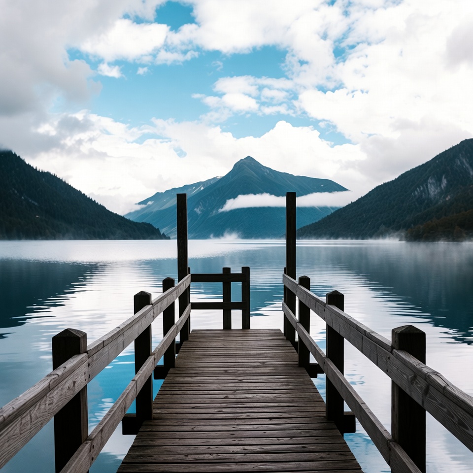 Wooden Pier Over Misty Mountain Lake Wooden Pier Over Misty Mountain Lake