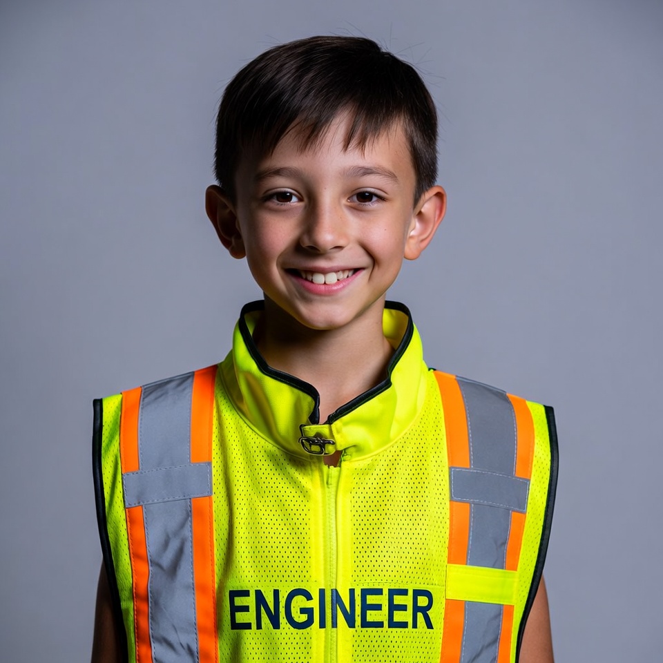Boy wearing engineer safety vest Boy wearing engineer safety vest