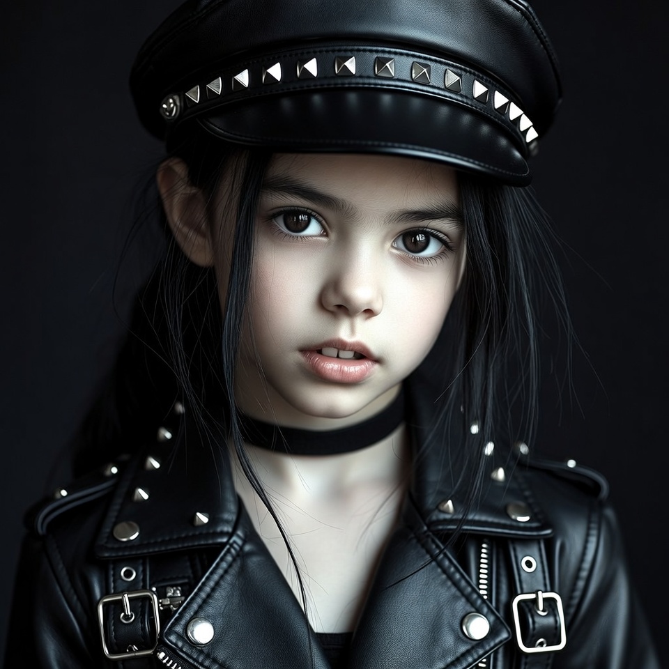 Girl in studded leather hat and jacket Girl in studded leather hat and jacket