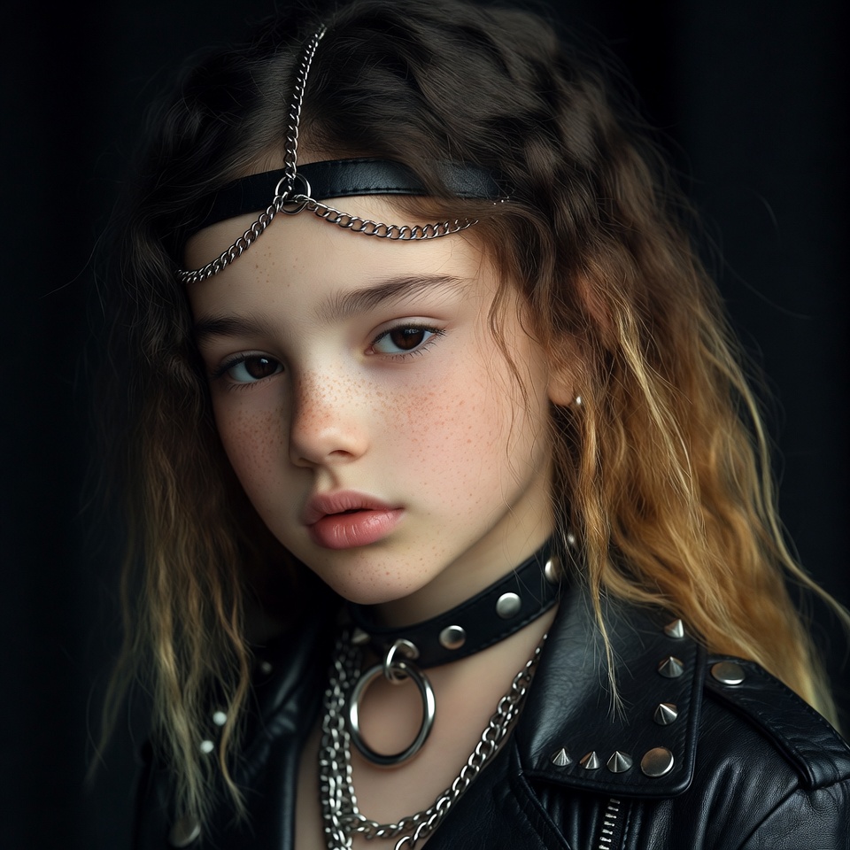 Girl with chain headband and leather jacket Girl with chain headband and leather jacket