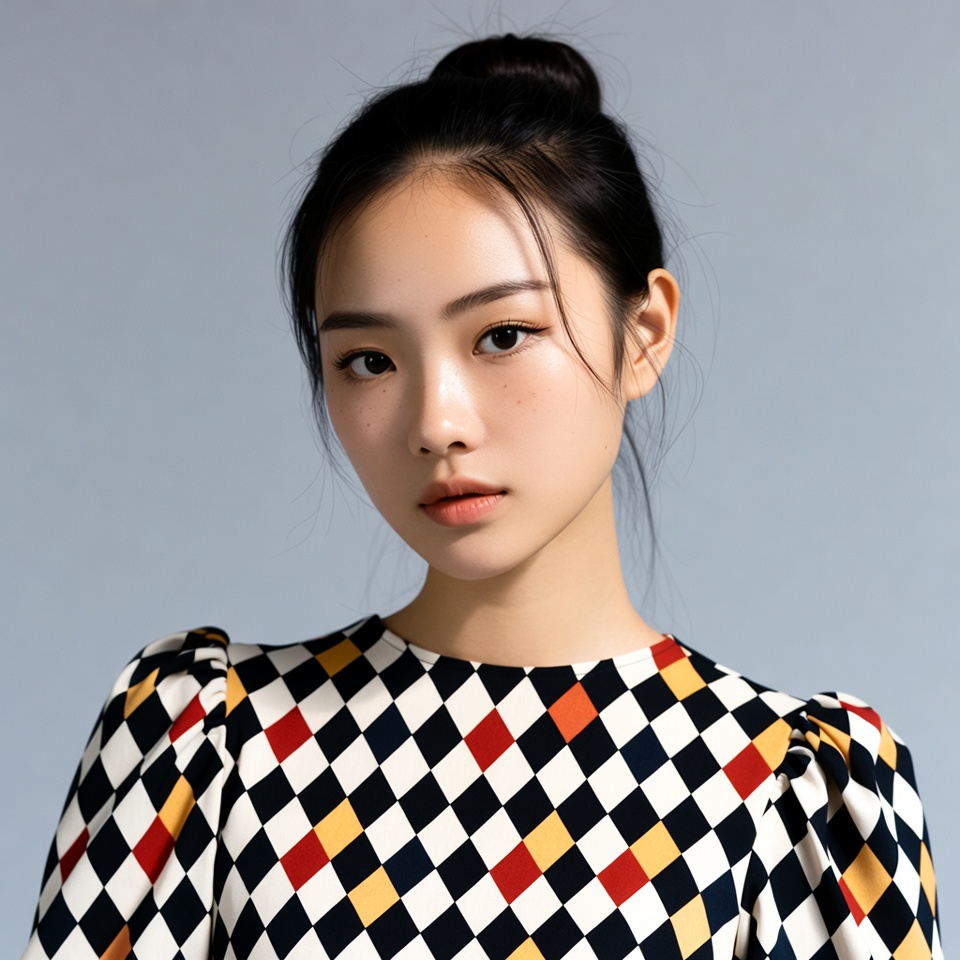 Asian woman in harlequin blouse Asian woman in harlequin blouse