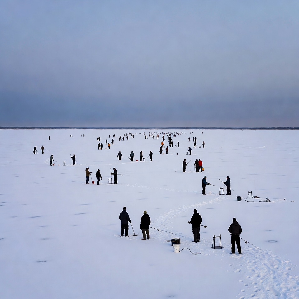 Ice Fishing Group on Frozen Lake Ice Fishing Group on Frozen Lake