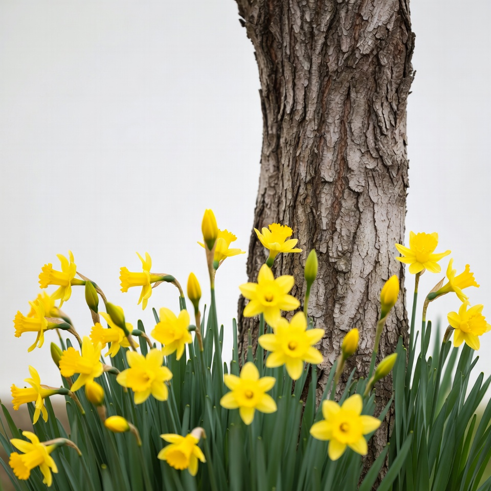 Yellow Daffodils by Tree Trunk Yellow Daffodils by Tree Trunk