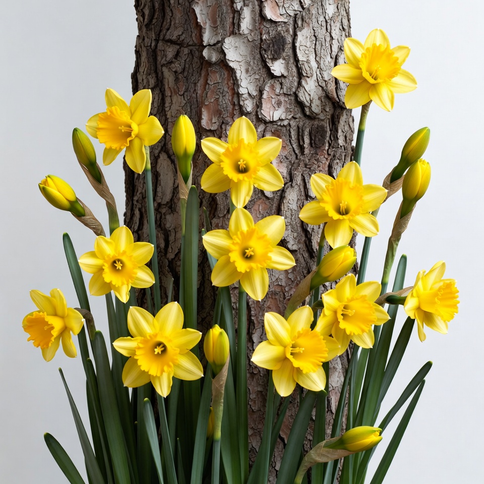Yellow Daffodils Against Tree Trunk Yellow Daffodils Against Tree Trunk