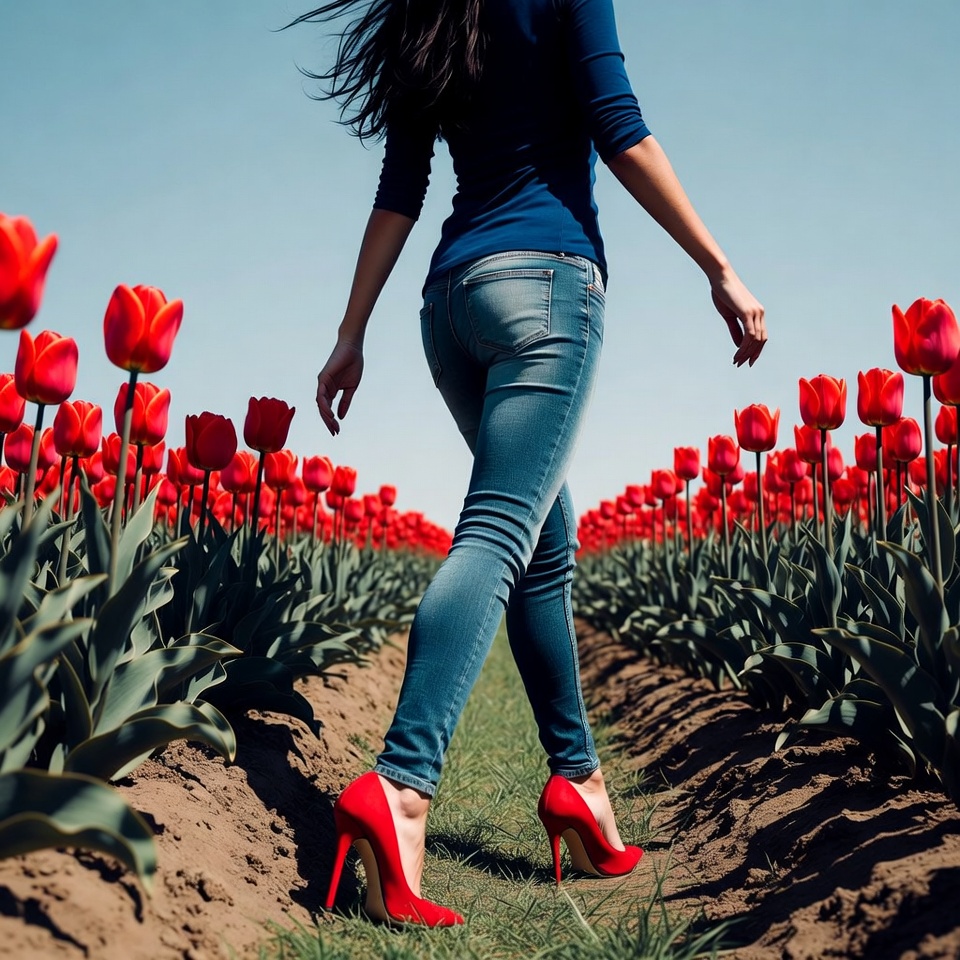 Woman walking in red tulip field Woman walking in red tulip field
